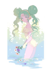  1girl :o ass bare_shoulders blush border bouquet commentary_request double_bun falulu flower flower_request forehead_jewel frilled_swimsuit frills from_side gloves green_hair grey_eyes hair_bun hair_up headphones heart highres holding holding_flower long_hair looking_at_viewer looking_to_the_side one-piece_swimsuit open_mouth oshiri_(o4ritarou) outdoors partially_submerged petals pretty_series pripara sidelocks solo strapless strapless_one-piece_swimsuit swimsuit wading water wavy_hair white_border  rating:Sensitive score:4 user:danbooru