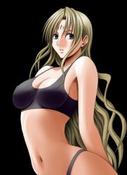  00s 1girl bare_arms bare_shoulders black_background black_cat_(series) black_theme blonde_hair breasts cleavage covered_erect_nipples crimson_comics green_eyes large_breasts long_hair looking_at_viewer midriff navel panties sephiria_arks simple_background solo standing tank_top tattoo underwear very_long_hair  rating:Questionable score:18 user:Kentabarou