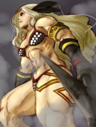 1girl abs amazon_(dragon&#039;s_crown) amazon_warrior armband armlet armor axe bikini_armor blonde_hair dragon&#039;s_crown feathers female_focus k.sho long_hair muscular muscular_female panties solo tattoo thick_thighs thighs thong underwear weapon rating:Questionable score:11 user:thebatman