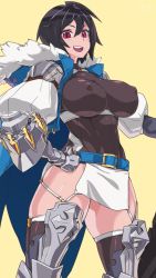 1girl armor bad_id bad_pixiv_id belt black_hair boots breasts celliera covered_erect_nipples dragalia_lost fur_trim gauntlets hand_on_own_hip highres kuroino_(0kuro8ino6) large_breasts looking_at_viewer open_mouth pauldrons red_eyes short_hair shoulder_armor thigh_boots thighhighs rating:Sensitive score:76 user:danbooru
