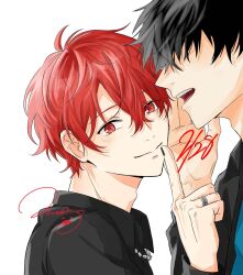  2boys black_hair black_jacket black_nails black_shirt closed_mouth collared_shirt given hair_over_eyes highres implied_yaoi jacket jewelry kumasann1212 light_blush looking_at_viewer male_focus multiple_boys nail_polish necklace open_mouth parted_lips pearl_necklace portrait red_eyes red_hair ring satou_mafuyu shirt signature simple_background smile teeth uenoyama_ritsuka white_background 