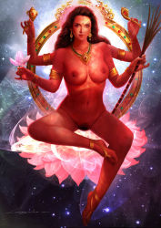  1girl artist_name bracelet breasts colored_skin earrings extra_arms female_pubic_hair flower halo highres hinduism jewelry large_breasts long_hair looking_at_viewer lotus nude pubic_hair realistic red_skin solo space star_(sky) sugarcane uncensored xiangxiang_lu 