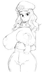 1girl absurdres bodysuit boku_no_hero_academia breasts breasts_out coffing hat highres huge_breasts lactation large_areolae long_hair looking_at_viewer monochrome nipples sketch solo utsushimi_kemii white_background wide_hips wrist_cuffs rating:Questionable score:84 user:JustHere4Butts