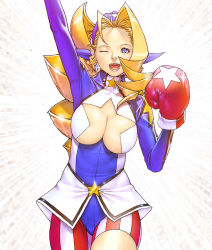  1girl bandana blonde_hair blue_eyes boxing_gloves breasts cleavage cleavage_cutout clothing_cutout drill_hair earrings honyata jewelry justice_gakuen large_breasts leotard long_hair moero!_justice_gakuen multiple_girls shiritsu_justice_gakuen smile solo tiffany_lords  rating:Sensitive score:13 user:_7t89