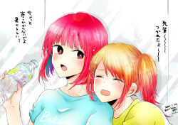  2girls absurdres arima_kana blonde_hair blue_shirt blush bottle commentary_request dated head_on_another&#039;s_shoulder highres hoshino_ruby medium_hair multiple_girls open_mouth oshi_no_ko ponytail red_eyes red_hair shirt signature sweat translated twitter_username white_background yellow_shirt yurigera_8959 
