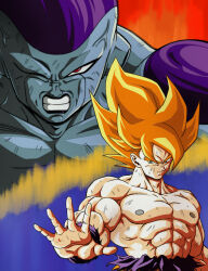  absurdres after_fight anger_vein angry aura blonde_hair dragon_ball dragonball_z energy frieza green_eyes highres iamthetrev ki_blast muscular muscular_male scratches serious son_goku spiked_hair super_saiyan tagme  rating:General score:4 user:Dap5052