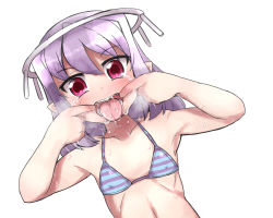 1girl arms_up bikini blue_bikini collarbone drooling dutch_angle finger_in_own_mouth flat_chest hair_between_eyes kounosu_satori loli long_hair looking_at_viewer open_mouth original petite piercing purple_bikini purple_eyes purple_hair saliva simple_background solo striped_bikini striped_clothes swimsuit tears teeth tongue tongue_out upper_body white_background rating:Questionable score:23 user:danbooru