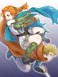 1boy 1girl boots braid braided_ponytail breasts cath_(fire_emblem) chad_(fire_emblem) commentary elbow_gloves fingerless_gloves fire_emblem fire_emblem:_the_binding_blade gloves green_gloves highres howaito_gyuunyuu knee_boots knife medium_breasts nintendo orange_hair thief two-tone_cape weapon