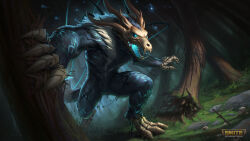  1boy absurdres blue_eyes claws copyright_name fenrir_(marrow_eater)_(smite) fenrir_(smite) forest glowing glowing_eyes grass highres horns logo monster nature official_art open_mouth outdoors planted planted_sword planted_weapon sharp_teeth skull smite solo sword teeth tree weapon 