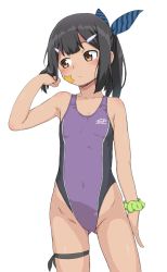 1girl arm_at_side black_hair blush brown_eyes bubukka competition_swimsuit cowboy_shot fate/kaleid_liner_prisma_illya fate_(series) flat_chest frown green_scrunchie hair_ornament hair_ribbon hairclip highleg highleg_swimsuit looking_away looking_to_the_side miyu_edelfelt one-piece_swimsuit ponytail ribbon scrunchie simple_background solo star_(symbol) swimsuit tan white_background wrist_scrunchie rating:Sensitive score:61 user:danbooru