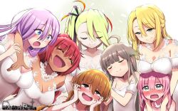 1boy 6+girls ahoge akaimato ange_(demonsroots) bare_shoulders black_eyes blonde_hair blue_eyes blush breast_rest breasts breasts_on_head cleavage closed_eyes deathpolca demons_roots diana_(demonsroots) dress flat_chest green_eyes green_hair grey_hair highres kalinka_(demonsroots) large_breasts light_purple_hair lily_killer long_hair medium_breasts multiple_girls najezta_(demonsroots) open_mouth pink_hair red_hair sarasa_(demonsroots) side_ponytail smile sweat tan trap upper_body white_dress 