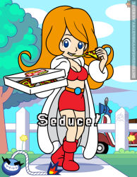  1girl artist_name blue_sky cloud coat crop_top eating english_text food gameplay_mechanics hand_on_own_hip holding holding_food holding_pizza long_hair looking_at_viewer midriff miniskirt mona_(warioware) motor_vehicle nintendo orange_hair pizza pizza_box pizza_slice ragnaroktopod red_footwear red_skirt scooter signature skirt sky smile tree warioware white_coat 