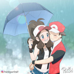 abstract_background armband baseball_cap blue_eyes blush brown_hair creatures_(company) game_freak hand_on_another&#039;s_hip hat hilda_(pokemon) hug nintendo pok3d pokemon pokemon_bw pokemon_frlg ponytail rain red_(pokemon) red_(pokemon_frlg) shorts umbrella vest