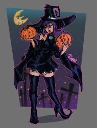  1girl angry artist_request blair_(soul_eater) blood boots cross curly_hair evil_smile full_body grey_background hat heels highres jealous lips lipstick lipstick_mark looking_at_another makeup moon night open_mouth pumpkin purple_hair signature smile soul_eater teeth witch witch_hat yellow_eyes 