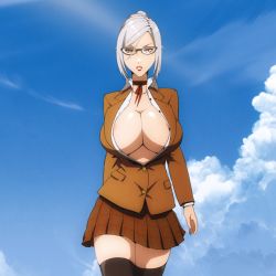 1girl animated animated_gif areola_slip black_thighhighs bouncing_breasts breasts cleavage cloud cowboy_shot day flou_(flou_art) glasses grey_hair hair_bun huge_breasts looping_animation making-of_available no_bra open_clothes open_shirt outdoors prison_school shiraki_meiko simple_background single_hair_bun sky solo standing swept_bangs thighhighs walking  rating:Questionable score:292 user:Vardigiil