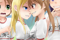  3girls angry bad_id bad_pixiv_id blonde_hair blue_eyes blush brother_and_sister brown_hair clenched_teeth confrontation crossdressing eye_contact face-to-face green_eyes grin gym_uniform hair_ornament hairclip long_hair looking_at_another multiple_girls open_mouth original purple_eyes purple_hair red_eyes scared school_uniform short_hair siblings smile tears teeth trap twintails yuki18r  rating:Sensitive score:122 user:danbooru