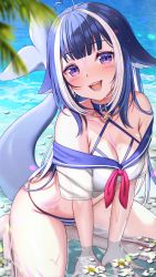  1girl bare_shoulders bikini bikini_under_clothes blue_bikini blue_hair blush breasts cetacean_tail cleavage facial_mark fins fish_tail flower highres indie_virtual_youtuber kneeling large_breasts long_hair multicolored_hair off_shoulder open_mouth outdoors partially_submerged purple_eyes saruei school_uniform serafuku shylily shylily_(1st_costume) smile solo streaked_hair striped_bikini striped_clothes swimsuit tail thighs virtual_youtuber water white_hair  rating:Sensitive score:37 user:danbooru