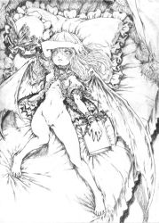  1girl barefoot bed blush book bottomless chain feet female_focus greyscale hat katzeh loli lying monochrome navel pillow pussy remilia_scarlet sketch solo toes touhou wings  rating:Explicit score:19 user:beamswordu