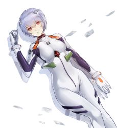  1girl ayanami_rei bad_id bad_pixiv_id blue_hair bodysuit bracer breasts clenched_hand dutch_angle expressionless from_above gloves hair_between_eyes hand_up headgear hip_focus interface_headset kim_eb legs_together looking_at_viewer lying neon_genesis_evangelion on_back parted_lips pilot_suit plugsuit red_eyes reflection short_hair silver_hair simple_background solo thigh_gap turtleneck white_background  rating:Sensitive score:19 user:danbooru