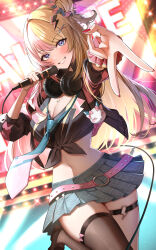  1girl absurdres blonde_hair blue_eyes blush bow bowtie breasts cleavage gawawawa hair_ornament hair_scrunchie hairclip headphones headphones_around_neck highres holding holding_microphone kotoka_torahime large_breasts lightning_bolt lightning_bolt_hair_ornament lightning_bolt_symbol long_hair looking_at_viewer microphone midriff multicolored_hair navel nijisanji nijisanji_en pink_hair scrunchie shirt single_thighhigh smile solo split-color_hair stage stage_lights standing standing_on_one_leg thigh_strap thighhighs tied_shirt v virtual_youtuber 