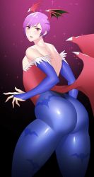  1girl ass bare_shoulders bridal_gauntlets capcom demon_girl from_behind highres huge_ass legs lilith_aensland looking_at_viewer nata open_mouth pantyhose purple_hair red_eyes shiny_clothes shiny_skin short_hair smile solo thick_thighs thighs vampire_(game) wide_hips wings 