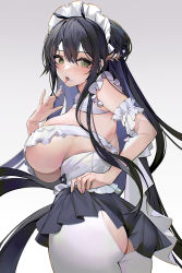  1girl absurdres apron arm_garter ass ass_cutout azur_lane black_hair breasts clothes_lift clothing_cutout covered_erect_nipples cream cream_on_face crotchless crotchless_pantyhose food food_on_face frills green_eyes highres huge_breasts indomitable_(azur_lane) indomitable_(ms._motivationless_maid)_(azur_lane) jintianhuahualema large_breasts licking licking_finger looking_at_viewer looking_back maid maid_apron maid_headdress pantyhose revealing_clothes sideboob skirt skirt_lift solo thick_thighs thighs tongue tongue_out underboob white_pantyhose  rating:Sensitive score:56 user:danbooru
