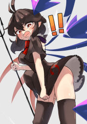 ! !! 1futa ahoge antenna_hair ass asymmetrical_wings back_cutout black_dress black_hair black_thighhighs blue_wings blush bow bowtie breasts buttons clothing_cutout cowboy_shot dress dress_tug fangs flaccid futanari holding holding_polearm holding_weapon houjuu_nue looking_at_viewer looking_down medium_breasts no_panties open_mouth paid_reward_available penis penis_in_thighhigh pointy_ears polearm red_bow red_bowtie red_eyes red_wings short_dress short_hair short_sleeves simple_background skindentation solo standing surprised sweatdrop testicles thighhighs thighs tomoe_(symbol) tongue touhou trident uisu_(noguchipint) uncensored upskirt weapon white_background wind wind_lift wings zettai_ryouiki