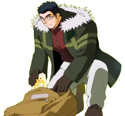  1boy alternate_costume backpack bag bara black_hair coat colorized creature facial_hair full_body glasses highres light_smile male_focus motoori_shiro muscular muscular_male pectorals red_theme rimless_eyewear short_hair sideburns_stubble solo squatting stubble thick_eyebrows tokyo_houkago_summoners tyou winter_clothes 