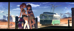 2girls :d absurdres angel angel_and_devil bikini bikini_top_only black_hair blue_sky blunt_bangs breasts building cable can casual cleavage cloud cloudy_sky coca-cola cola collarbone commentary_request cross day demon_girl demon_horns demon_tail desert drink_can green_eyes hair_between_eyes halo halterneck highres holding holding_can horizon horns kexue letterboxed lifebuoy long_hair looking_at_another midriff multiple_girls navel open_mouth original pantograph pepsi pointy_ears railroad_tracks red_eyes red_hair ruins scenery shade short_shorts shorts sidelocks sky skyscraper smile soda_can streetcar swim_ring swimsuit tail talking trolleybus twintails utility_pole wind