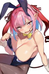 1girl armpits arms_behind_head arms_up bare_shoulders black_leotard black_pantyhose black_ribbon blue_hair blush bob_cut bow bowtie breasts bunny_day cleavage colored_inner_hair commentary detached_collar fang hair_horns hair_intakes hair_ribbon head_tilt highres horns kanan-sama_wa_akumade_choroi kanan_(kanan-sama) large_breasts legs leotard light_blue_hair looking_at_viewer multicolored_hair nervous nonco open_mouth pantyhose pink_eyes pink_hair playboy_bunny pointy_ears rabbit_background red_horns ribbon sitting skin_fang solo strapless strapless_leotard streaked_hair sweatdrop thighs tongue two-tone_hair white_background yellow_bow yellow_bowtie rating:Sensitive score:45 user:danbooru