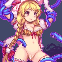  1girl after_anal after_vaginal aftersex anal animal_ears animal_hood animated animated_gif anus arms_up bikini bikini_top_only blonde_hair blush bouncing_breasts braid breasts bridal_garter carrot_hair_ornament censored cleavage cum cum_in_ass cum_in_pussy double_penetration flower_knight_girl food-themed_hair_ornament garter_belt hair_ornament hood large_breasts long_hair lowres monster navel nipples open_mouth pixel_art pussy pussy_juice rabbit_ears rabbit_hair_ornament rabbit_hood red_eyes restrained saliva sb_(coco1) smile spread_legs susuki_(flower_knight_girl) swimsuit tears tentacle_sex tentacles twin_braids  rating:Explicit score:418 user:danbooru