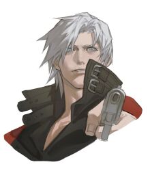  1boy abionicsheep bishounen blue_eyes coat dante_(devil_may_cry) devil_may_cry devil_may_cry_(series) devil_may_cry_2 gun highres holding holding_gun holding_weapon male_focus parted_lips pointing_gun pointing_weapon red_coat simple_background solo weapon white_hair 