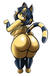  1girl absurdres animal_crossing animal_ears ankha_(animal_crossing) ass ass_focus back backboob bandages black_eyes blue_eyes blue_hair breasts colored_skin dark_blue_hair doeswhatever expressionless female_focus furry furry_female highres large_breasts looking_at_viewer medium_breasts medium_hair nintendo ponytail simple_background solo white_background yellow_skin 