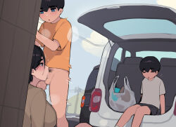  1girl 2boys age_difference bag black_hair blue_eyes breasts car exhausted fellatio grocery_bag irrumatio large_breasts mother_(pepper0) motion_lines motor_vehicle multiple_boys onee-shota oral outdoors penis pepper0 shadow shopping_bag tagme white_shirt_brother_(pepper0) yellow_shirt_brother_(pepper0) 