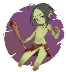  1girl after_vaginal aftersex ahoge black_hair brown_eyes club colored_skin cum cum_in_pussy cumdrip facial_mark female_focus female_goblin flat_chest forehead_mark goblin green_skin highres holding holding_club holding_weapon jewelry loli lolicom looking_at_viewer monster_girl navel necklace nipples no_panties open_mouth orc original pointy_ears purple_background skirt solo topless weapon  rating:Explicit score:279 user:Dweenie