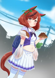  1girl animal_ears back_bow bag big_belly blue_sky bow bowtie brown_eyes brown_hair closed_mouth cloud cloudy_sky commentary cowboy_shot day dutch_angle ear_covers flying_sweatdrops food frilled_skirt frills grocery_bag highres holding holding_food horse_ears horse_girl horse_tail looking_at_viewer medium_hair miniskirt multicolored_hair navel nice_nature_(umamusume) outdoors plastic_bag pleated_skirt power_lines puffy_short_sleeves puffy_sleeves purple_bow purple_bowtie purple_shirt retsumaru sailor_collar school_bag school_uniform serafuku shirt shopping_bag short_sleeves skirt sky smile solo standing streaked_hair summer_uniform sweatdrop tail thighhighs tracen_school_uniform twintails umamusume white_sailor_collar white_skirt white_thighhighs 