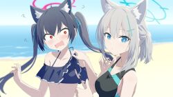  2girls ? animal_ear_fluff animal_ears bare_arms bare_shoulders beach bikini black_bikini black_hair black_one-piece_swimsuit blue_archive blue_eyes blue_halo blush breasts cat_ears collarbone competition_swimsuit cross_hair_ornament day extra_ears fang frilled_bikini frills gotyou grey_hair hair_between_eyes hair_ornament halo long_hair looking_at_viewer medium_breasts medium_hair mismatched_pupils multiple_girls ocean official_alternate_costume one-piece_swimsuit open_mouth outdoors parted_lips red_eyes red_halo serika_(blue_archive) serika_(swimsuit)_(blue_archive) shiroko_(blue_archive) shiroko_(swimsuit)_(blue_archive) small_breasts swimsuit twintails wolf_ears 