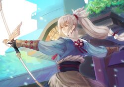  1boy architecture aristocratic_clothes armor bow_(weapon) east_asian_architecture fire_emblem fire_emblem_fates fujin_yumi_(fire_emblem) grey_hair high_ponytail highres holding holding_bow_(weapon) holding_weapon japanese_clothes kokouno_oyazi male_focus multiple_boys nintendo ponytail solo takumi_(fire_emblem) weapon yumi_(bow) 