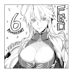  1girl artoria_pendragon_(fate) artoria_pendragon_(lancer)_(fate) braid breasts cleavage cleavage_cutout cloak clothing_cutout collarbone confetti english_text fate/grand_order fate_(series) french_braid greyscale hair_between_eyes highres large_breasts long_bangs looking_at_viewer monochrome sami_(object_dump) solo upper_body 