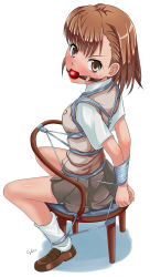  1girl arms_behind_back ball_gag bdsm blush bondage bound bound_arms bound_legs breasts brown_eyes brown_hair cyber_(cyber_knight) electricity electrokinesis female_focus gag gagged highres looking_at_viewer misaka_mikoto restrained rope school_uniform shibari shibari_over_clothes simple_background sitting skirt small_breasts solo toaru_kagaku_no_railgun toaru_majutsu_no_index  rating:Questionable score:85 user:animecritic