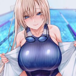 1girl bare_shoulders blonde_hair blue_eyes blue_one-piece_swimsuit blush breasts closed_mouth collarbone competition_swimsuit goggles goggles_around_neck hair_between_eyes highres huge_breasts long_hair looking_at_viewer one-piece_swimsuit original pool poolside sideboob smile solo swimsuit upper_body uzura_kazuhisa water wet wet_clothes 