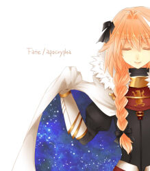  1boy androgynous astolfo_(fate) black_bow black_shirt bow braid cape cape_lift closed_eyes closed_mouth copyright_name fang fate/apocrypha fate_(series) fur-trimmed_cape fur_trim gauntlets gorget hair_between_eyes hair_bow hair_intakes long_braid long_hair male_focus multicolored_hair orange_hair pink_hair shirt simple_background single_braid skin_fang solo srnk star_(symbol) star_print streaked_hair trap two-sided_cape two-sided_fabric two-tone_hair upper_body white_background white_cape white_hair 