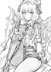 armored_boots armored_gloves blush boots breasts closed_mouth coat collared_shirt cup diadem drill_hair goddess_of_victory:_nikke greyscale hair_ornament headgear highres holding holding_cup jewelry knee_up large_breasts long_hair looking_at_viewer monochrome necklace pantyhose shirt shorts sitting smile teacup thighs yougenko