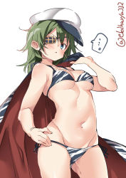 1girl bikini blue_eyes blush breasts camouflage camouflage_bikini cape closed_mouth commentary_request cowboy_shot ebifurya eyepatch flat_cap green_hair hat highres kantai_collection kiso_(kancolle) long_hair looking_at_viewer medium_hair multicolored_clothes navel side-tie_bikini_bottom simple_background small_breasts solo swimsuit twitter_username uniform white_background rating:Sensitive score:8 user:danbooru