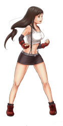  1990s_(style) 1girl boots breasts brown_eyes brown_hair elbow_gloves female_focus final_fantasy final_fantasy_vii fingerless_gloves full_body gloves long_hair midriff miniskirt moggy_moggy retro_artstyle simple_background skirt solo suspenders tifa_lockhart white_background 