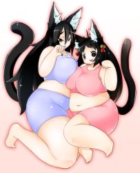 2girls absurdres animal_ears asymmetrical_docking belly black_eyes black_hair breast_press breasts cat_ears cat_tail fangs fat full_body hair_ornament highres large_breasts long_hair looking_at_viewer lying multiple_girls navel on_side open_mouth original smile tail zuisawa rating:Sensitive score:3 user:niabot