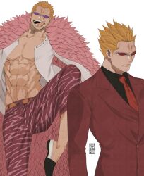  1boy abs absurdres artist_logo bake_ryori black_shirt blonde_hair capri_pants closed_mouth coat commentary donquixote_doflamingo earrings feather_coat formal highres jewelry leg_hair leg_up muscular muscular_male navel necktie one_piece open_mouth pants pink_coat red_necktie red_suit shirt short_hair spiked_hair suit sunglasses symbol-only_commentary teeth tongue tongue_out variations white_background 