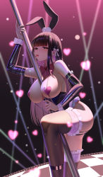  1girl animal_ears bangs between_breasts black_hair blunt_bangs bow bowtie breasts brown_hair brown_legwear bunny_ears bunny_girl commentary_request detached_collar detached_sleeves earrings eyebrows_visible_through_hair eyelashes fingernails garter_straps hair_bow hairband heart heart-shaped_pupils heart_pasties highres hime_cut jewelry laoan large_breasts long_hair looking_at_viewer makeup mascara nail_art nail_polish original pasties pink_neckwear pole pole_dancing purple_nails red_lips revision saliva saliva_trail sidelocks skindentation solo stripper stripper_pole stud_earrings symbol-shaped_pupils thighhighs tongue tongue_out very_long_hair wrist_cuffs 