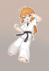  1girl :d absurdres barefoot belt black_belt blue_eyes bright_pupils chinese_commentary commentary_request dot_nose dougi fang feet full_body grey_background highres kuma-bound long_hair looking_at_viewer martial_arts_belt open_mouth orange_hair original pants salute simple_background smile soles solo toes white_pants white_pupils 