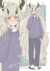  1girl absurdly_long_hair alternate_costume arknights artist_name blonde_hair blush casual commentary commentary_request full-face_blush hand_to_own_mouth highres horns long_hair long_sleeves matoimaru_(arknights) messy_hair open_mouth pointy_ears red_eyes saliva sleeves_past_wrists slippers umino_mokuzu_(shizumisou) very_long_hair yawning 